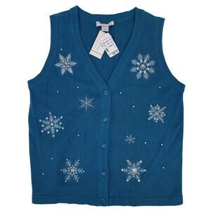 NEW Christopher & Banks Womens Sweater Vest Small Turquoise Winter Snowflakes 3D